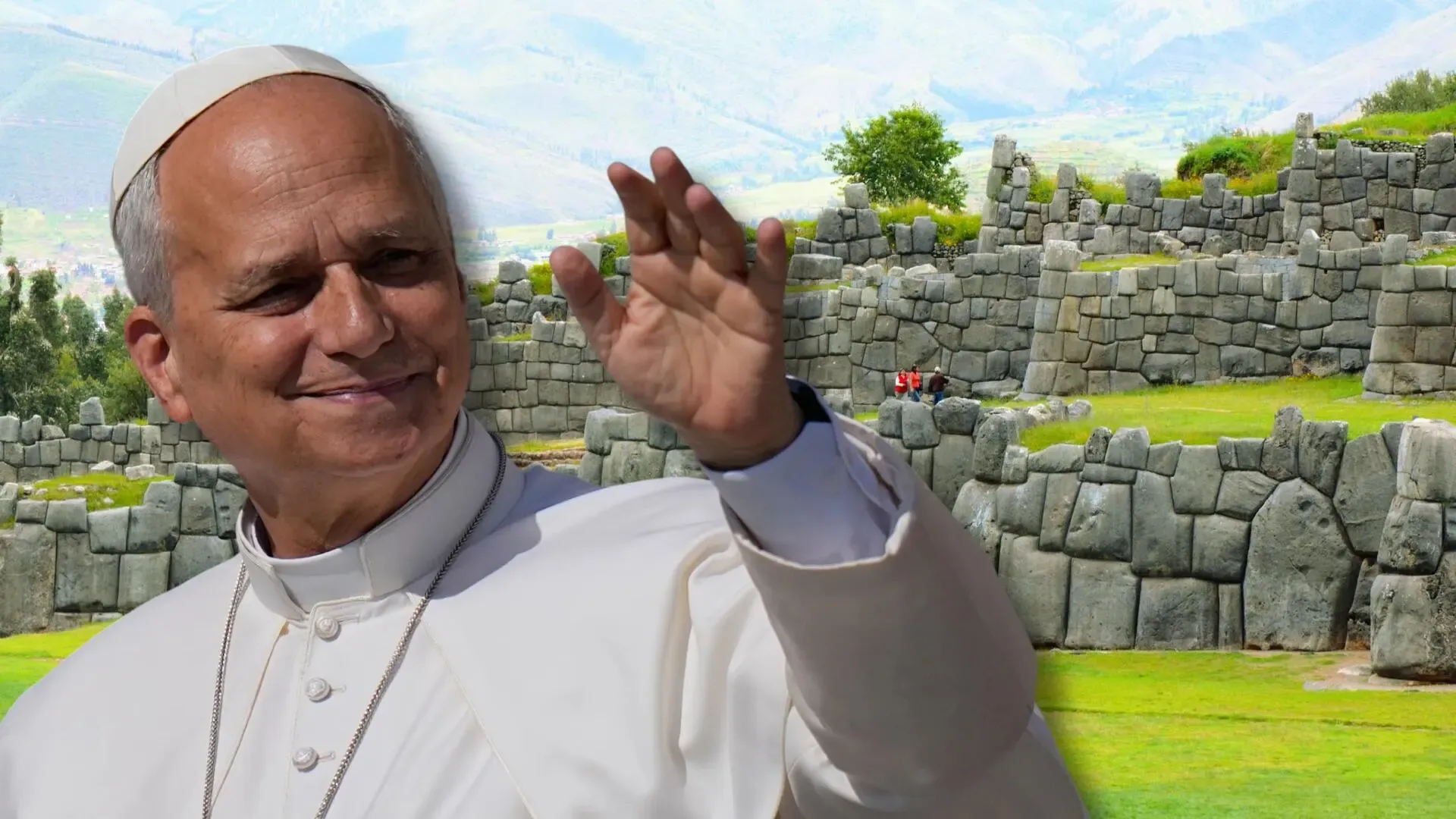 Pope Leo XIV smiling and greeting crowds during an official papal visit in Peru.